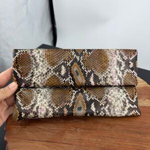 genuine python snakeskin foldover clutch bag in multicolour brown tan white